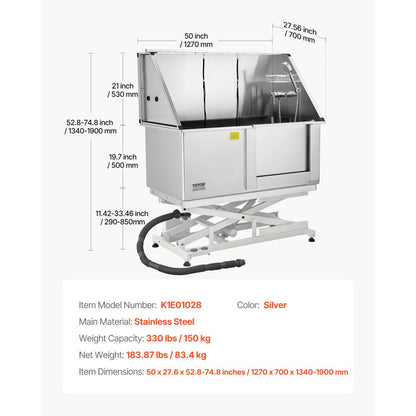 K1E01028 - 50" Stainless Steel Dog Grooming Tub with Electric Lift and Filter