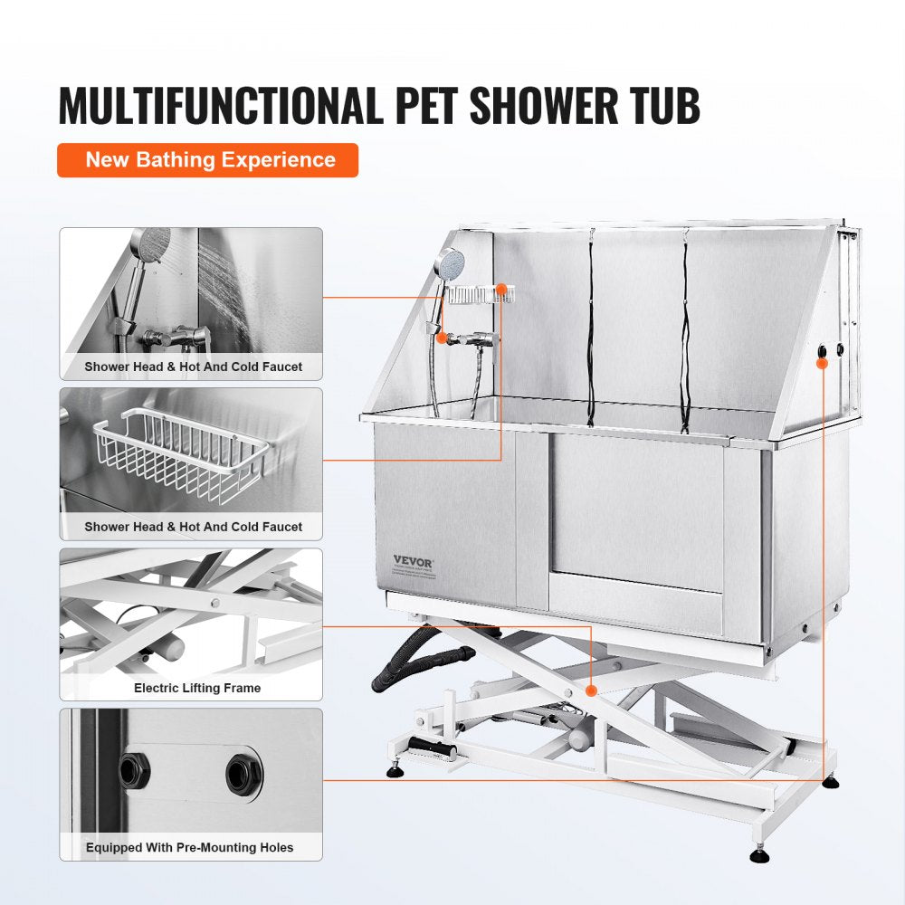 K1E01027-U - 50" Adjustable Stainless Steel Dog Grooming Tub for All Breeds
