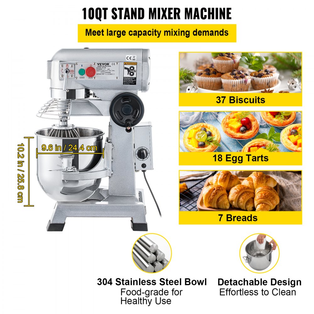 B10-BT - 10Qt VEVOR Food Mixer with 550W Motor and Timer