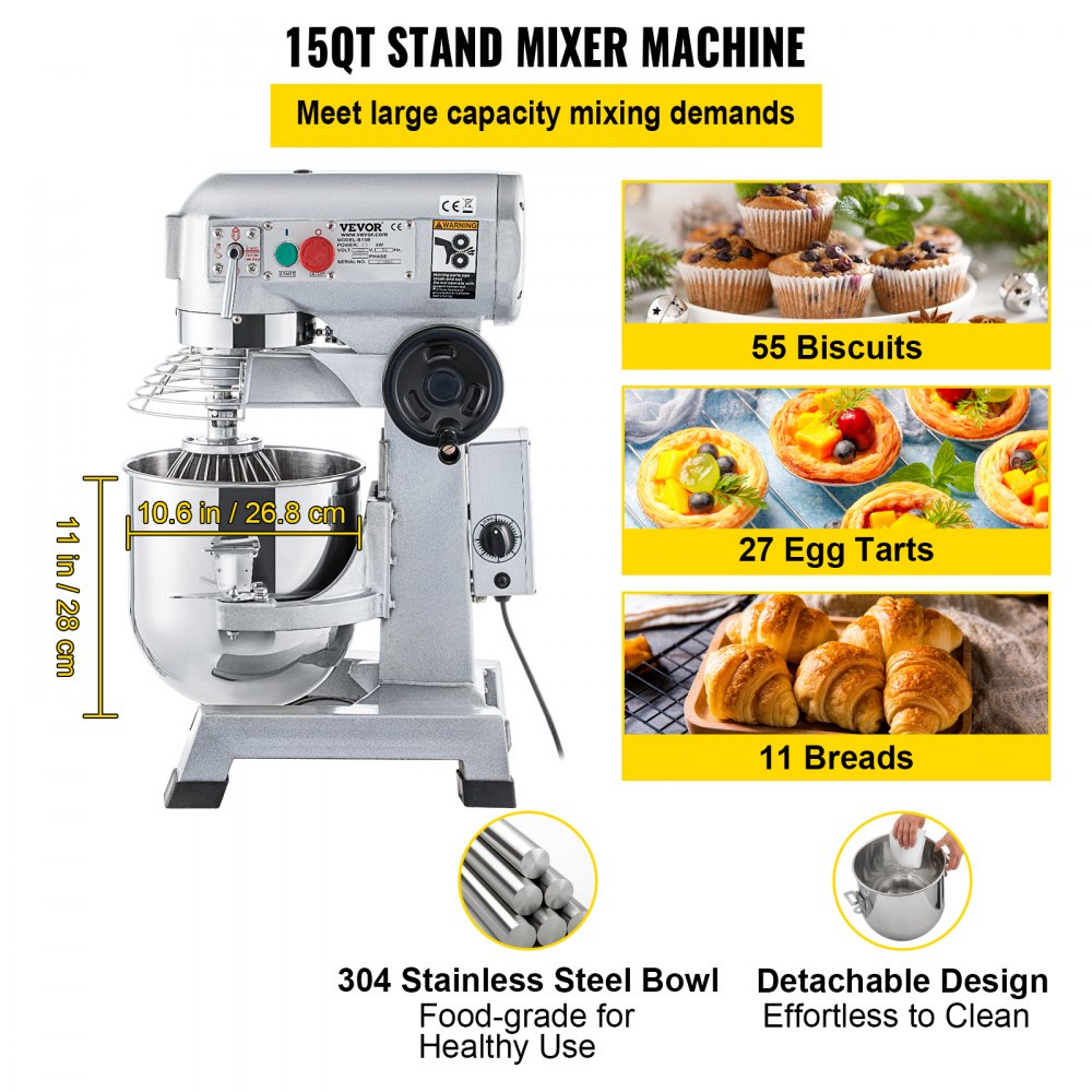 B15B - 15Qt Stainless Steel Commercial Mixer with Timer and 500W Motor