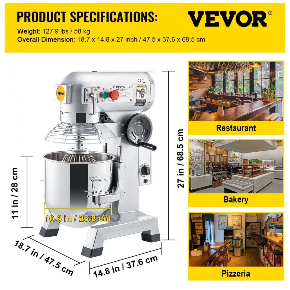 B15B - 15Qt Stainless Steel Commercial Mixer with Timer and 500W Motor