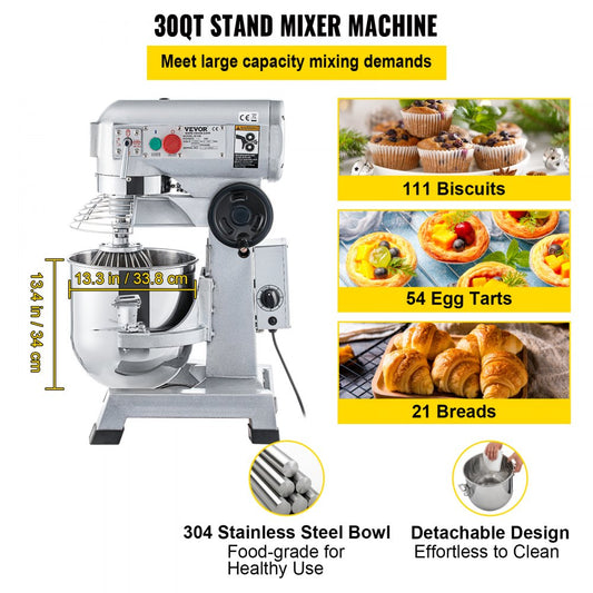 B30-BT - 30Qt Stainless Steel Food Mixer with Timer & 3 Attachments