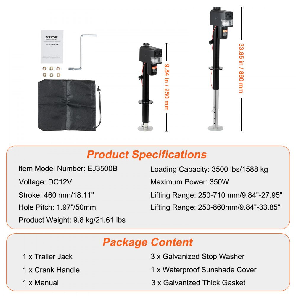 EJ3500B - VEVOR 3500 lbs Electric Trailer Jack with Push-Button Operation