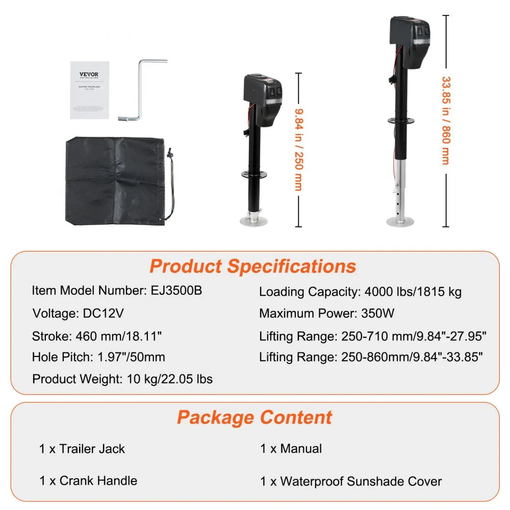 EJ3500B - 4000 lbs VEVOR Electric Trailer Jack with Waterproof Cover