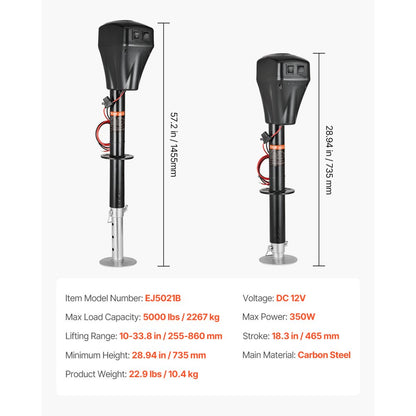 EJ5021B - Heavy-Duty Electric Trailer Jack 10"-33.8" Range, 5000 lbs Capacity