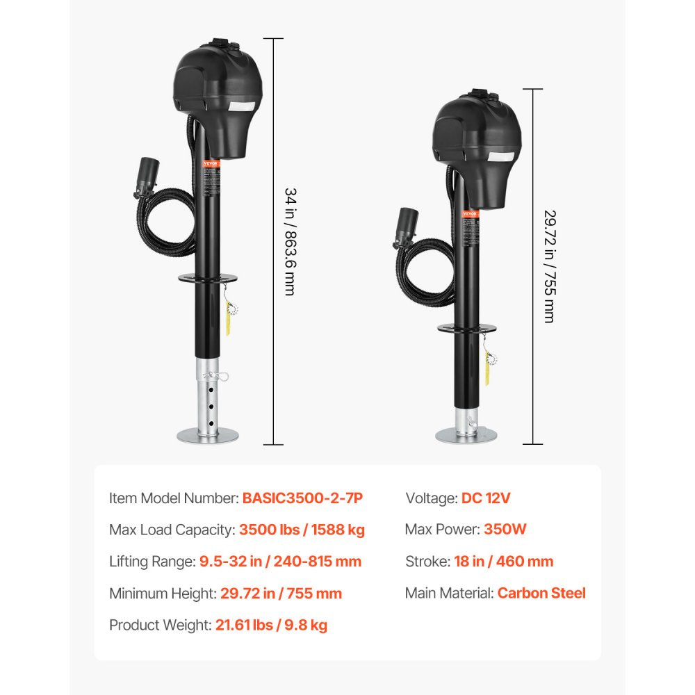 BASIC3500-2-7P - Heavy-Duty Electric Trailer Jack 3500 lbs, 9.5"-32" Lift Range