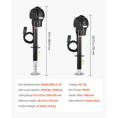 BASIC3500-2-7P - Heavy-Duty Electric Trailer Jack 3500 lbs, 9.5"-32" Lift Range