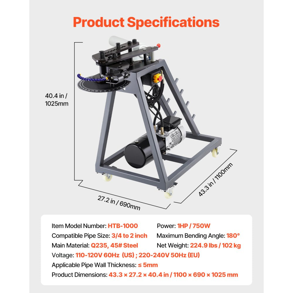HTB-1000 - 750W Electric Tube Bender for 3/4" to 2" Pipes
