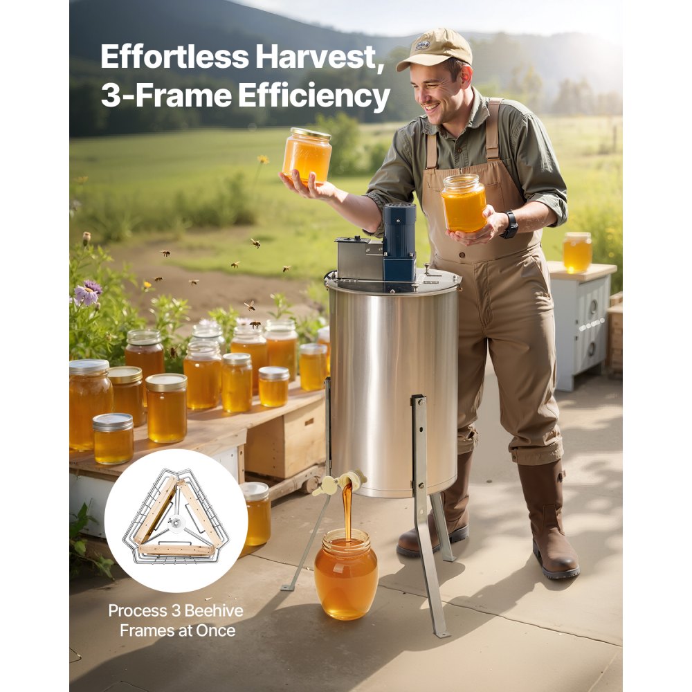 HE-15C-3E-US - 3-Frame Stainless Steel Honey Extractor with Adjustable Speed