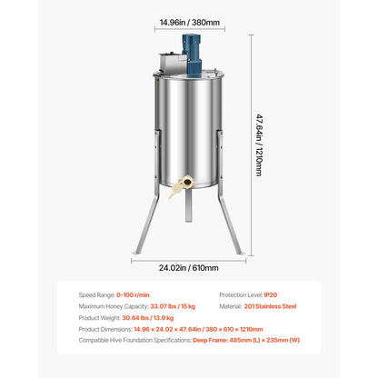 HE-15C-3E-US - 3-Frame Stainless Steel Honey Extractor with Adjustable Speed