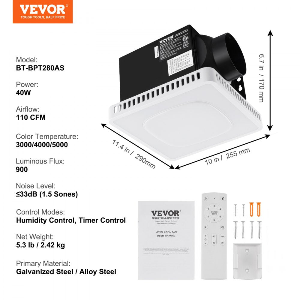 BT-BPT280AS - VEVOR 110 CFM LED Exhaust Fan with Humidity Control