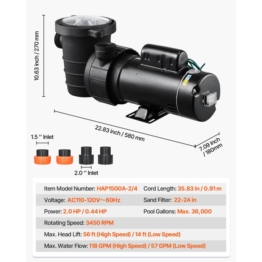 HAP1500A-2/4 - 2 HP Dual-Speed Pool Pump, Copper Motor, 118 GPM
