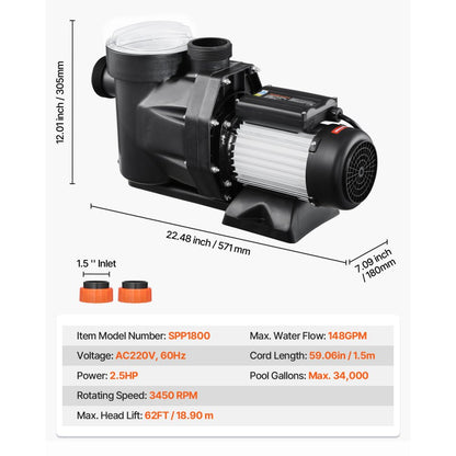 SPP1800 - 2.5 HP Above Ground Pool Pump, 148 GPM, 220V Performance