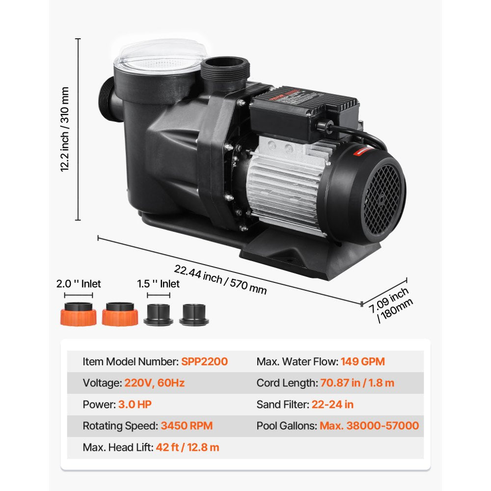 SPP2200 - 3 HP Above Ground Pool Pump, 149 GPM, Copper Motor