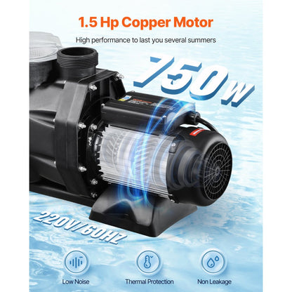 SPP1100 - 1.5 HP Pool Pump, 122 GPM, 55 ft Lift, 220V