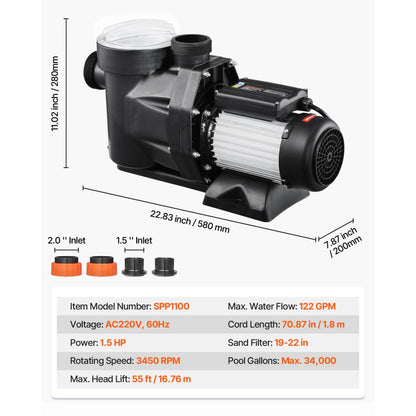 SPP1100 - 1.5 HP Pool Pump, 122 GPM, 55 ft Lift, 220V