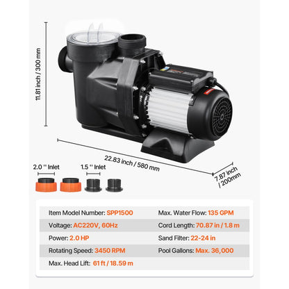 SPP1500 - 2 HP Corrosion-Resistant Pool Pump with 135 GPM Flow Rate