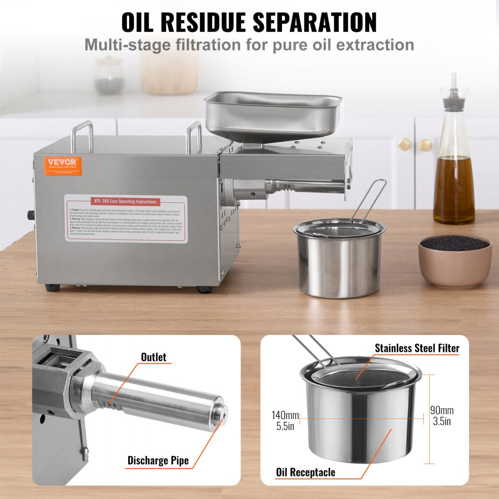 KYL-380 - 700W Stainless Steel Electric Oil Press for Home & Commercial Use