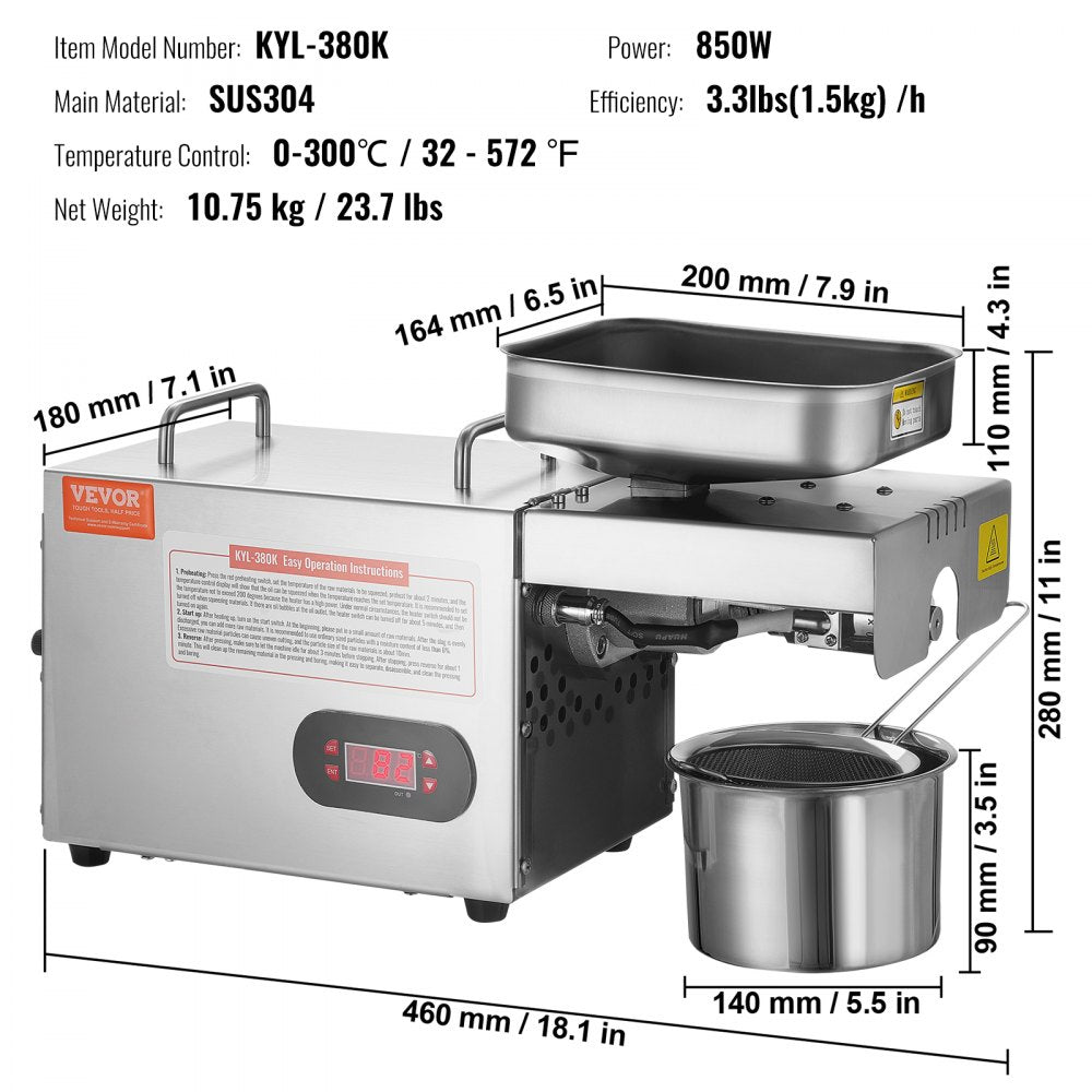 KYL-380K - 850W Stainless Steel Electric Oil Press with Temperature Control