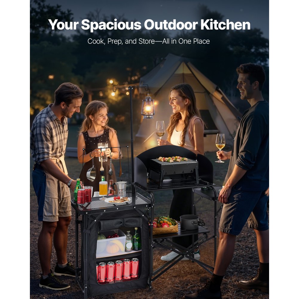 T2974 - Portable Aluminum Camping Kitchen Table with Storage and Windshield