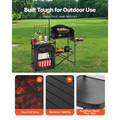T2974 - Portable Aluminum Camping Kitchen Table with Storage and Windshield