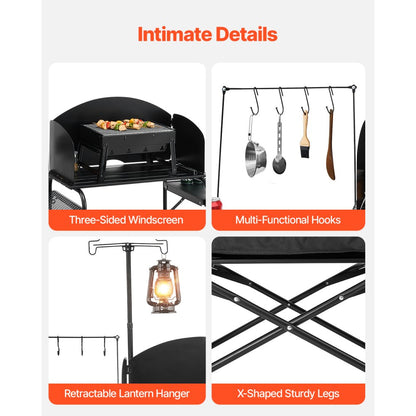 T2974 - Portable Aluminum Camping Kitchen Table with Storage and Windshield