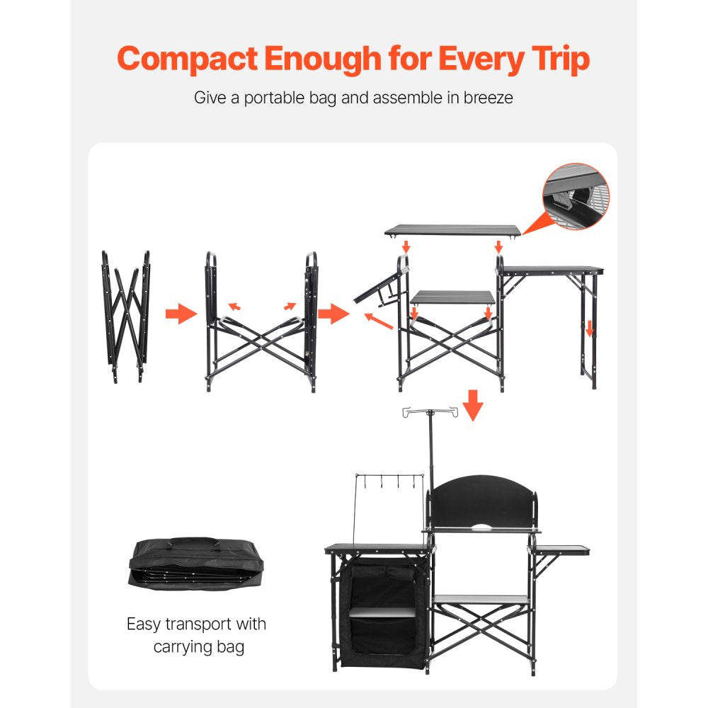 T2974 - Portable Aluminum Camping Kitchen Table with Storage and Windshield
