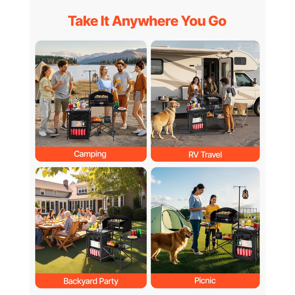 T2974 - Portable Aluminum Camping Kitchen Table with Storage and Windshield