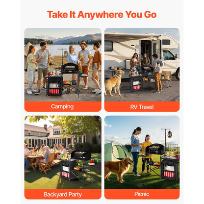 T2974 - Portable Aluminum Camping Kitchen Table with Storage and Windshield