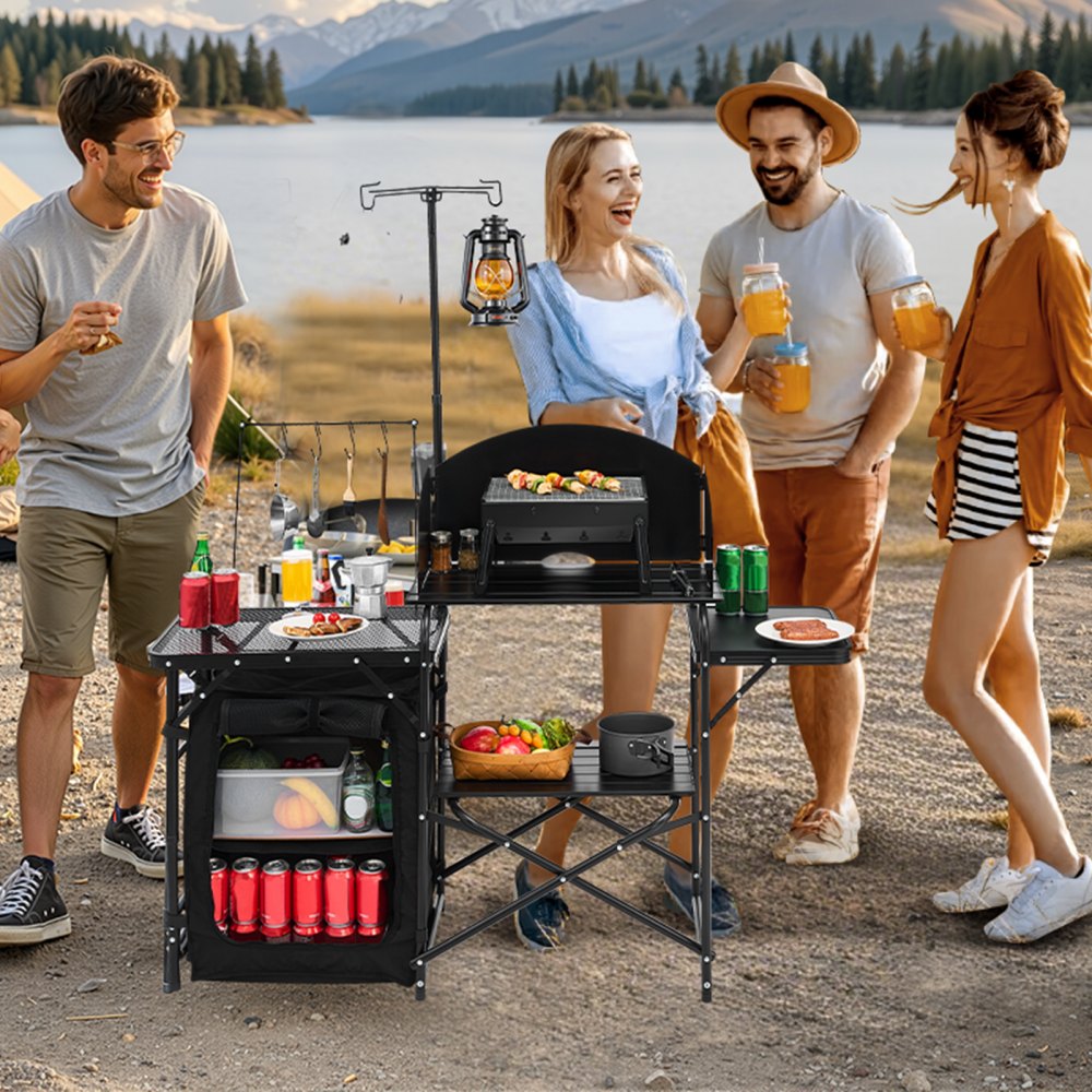 T2974 - Portable Aluminum Camping Kitchen Table with Storage and Windshield