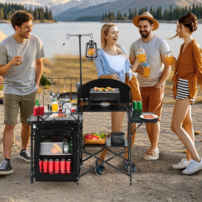 T2974 - Portable Aluminum Camping Kitchen Table with Storage and Windshield