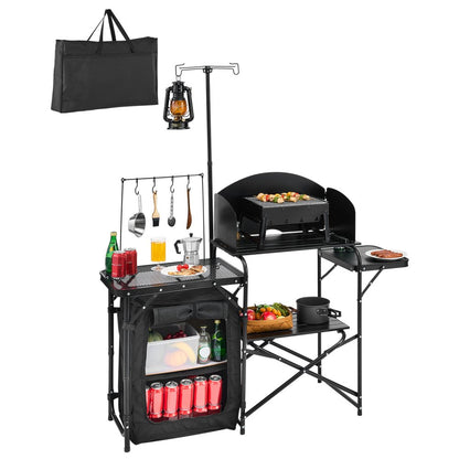 T2974 - Portable Aluminum Camping Kitchen Table with Storage and Windshield