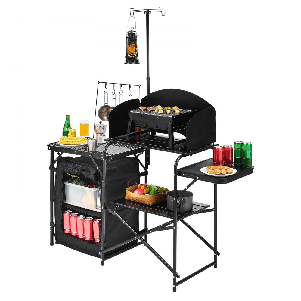T2974 - Portable Aluminum Camping Kitchen Table with Storage and Windshield