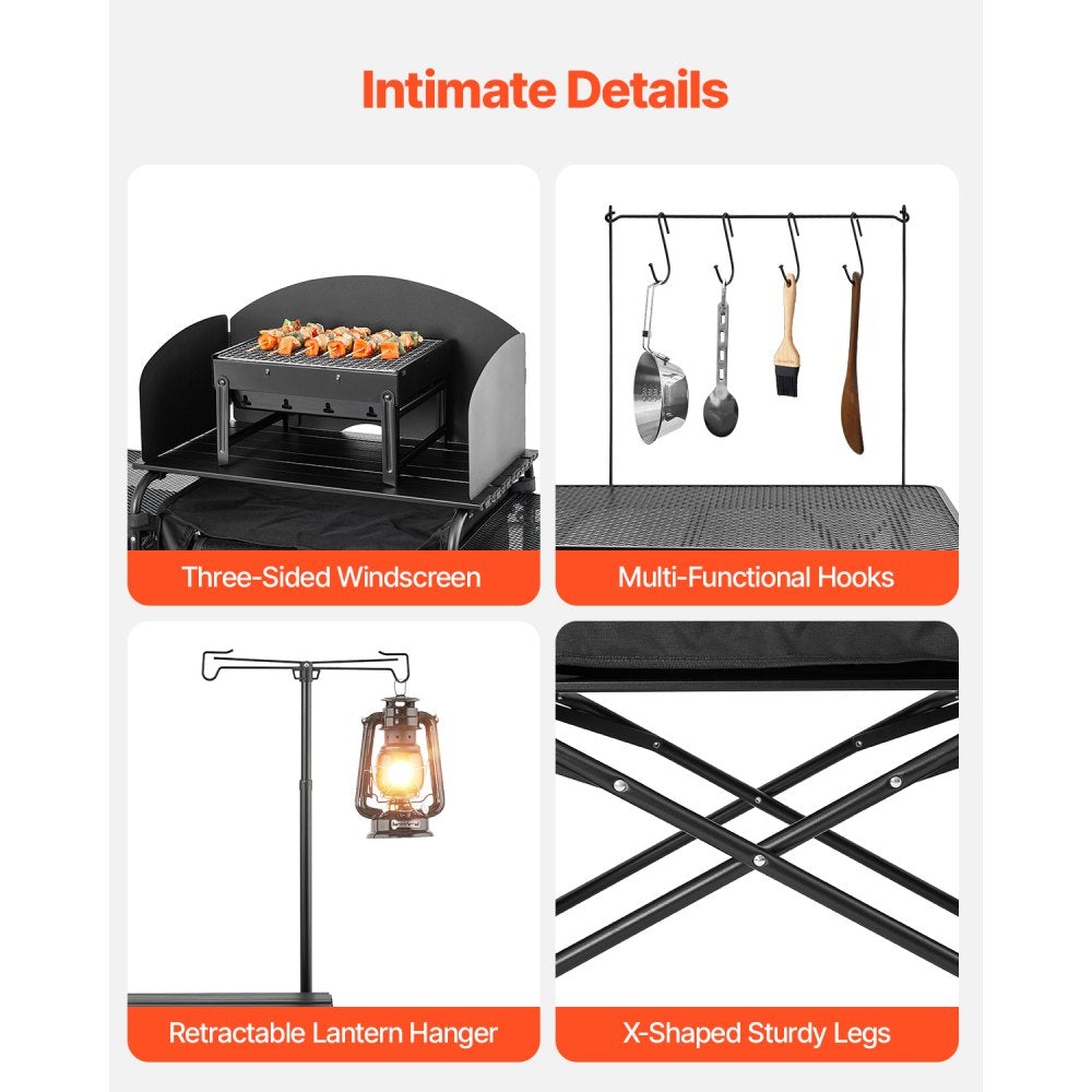 SKU11 - Portable Aluminum Camping Kitchen Table with Windshield & Storage Shelf