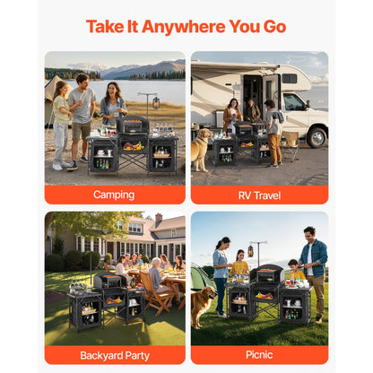SKU11 - Portable Aluminum Camping Kitchen Table with Windshield & Storage Shelf