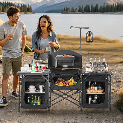 SKU11 - Portable Aluminum Camping Kitchen Table with Windshield & Storage Shelf