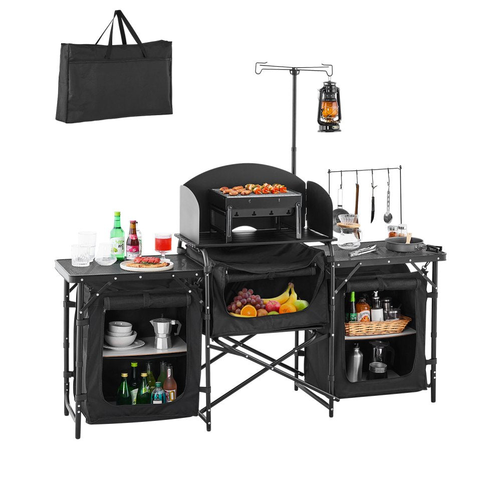 SKU11 - Portable Aluminum Camping Kitchen Table with Windshield & Storage Shelf