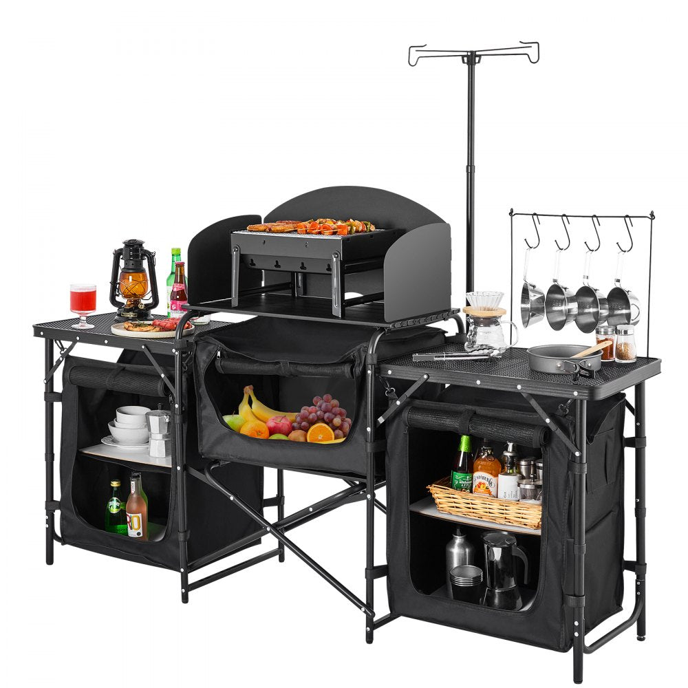 SKU11 - Portable Aluminum Camping Kitchen Table with Windshield & Storage Shelf