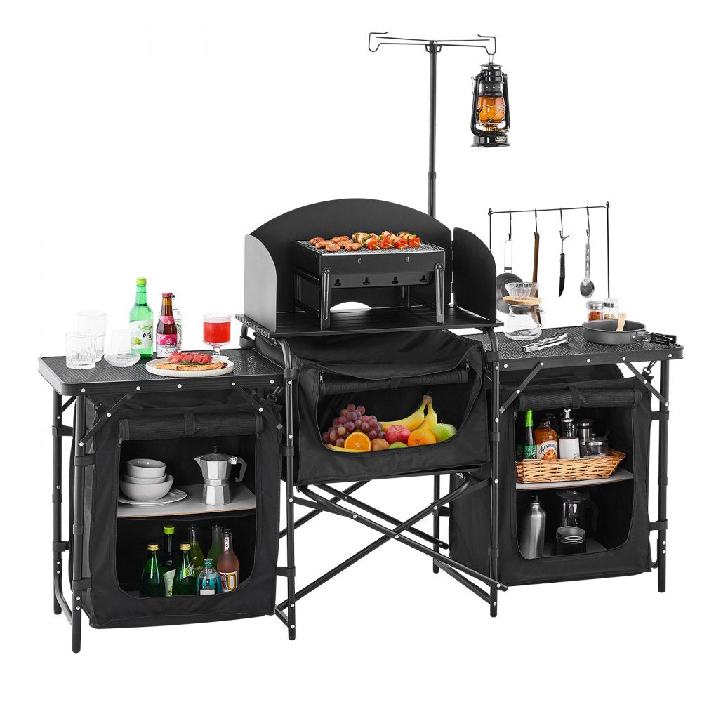 SKU11 - Portable Aluminum Camping Kitchen Table with Windshield & Storage Shelf