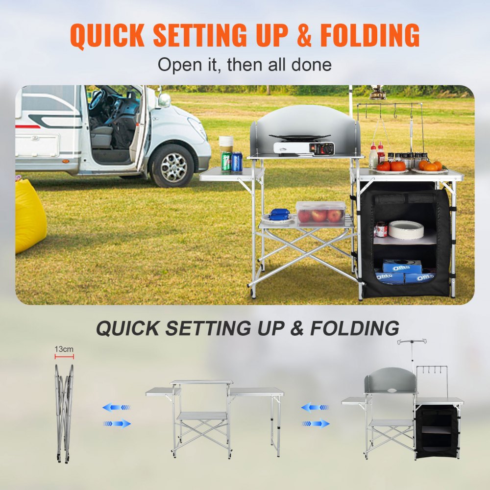 010498658121 - Lightweight Aluminum Camping Table with Wind Protection and Storage
