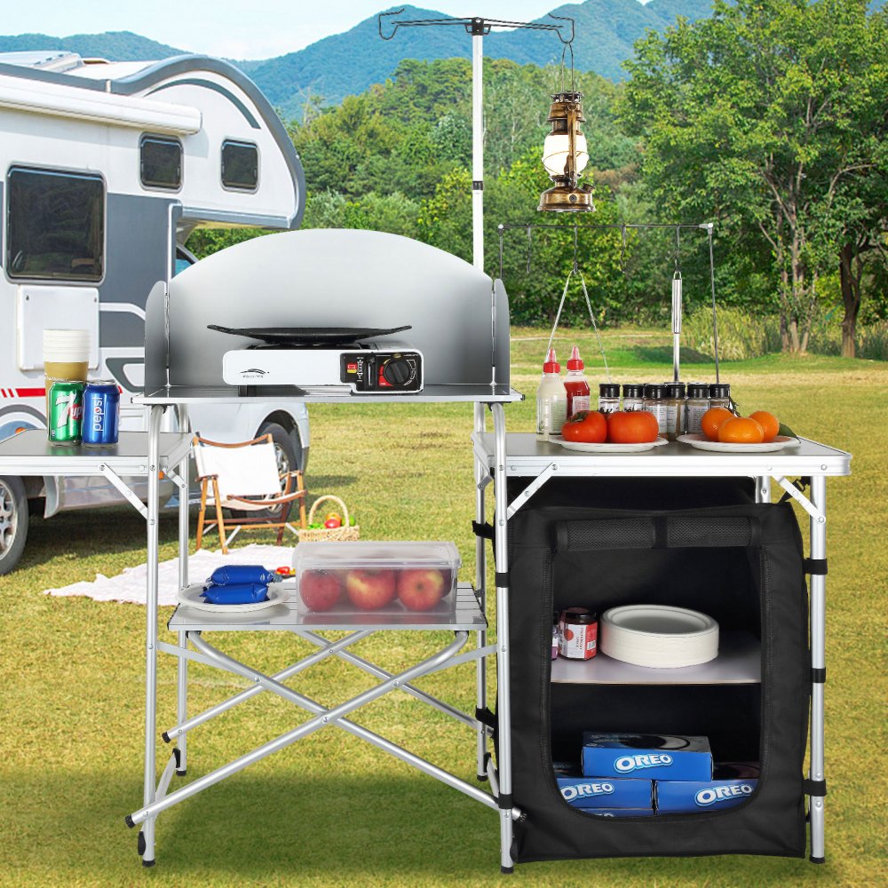 010498658121 - Lightweight Aluminum Camping Table with Wind Protection and Storage