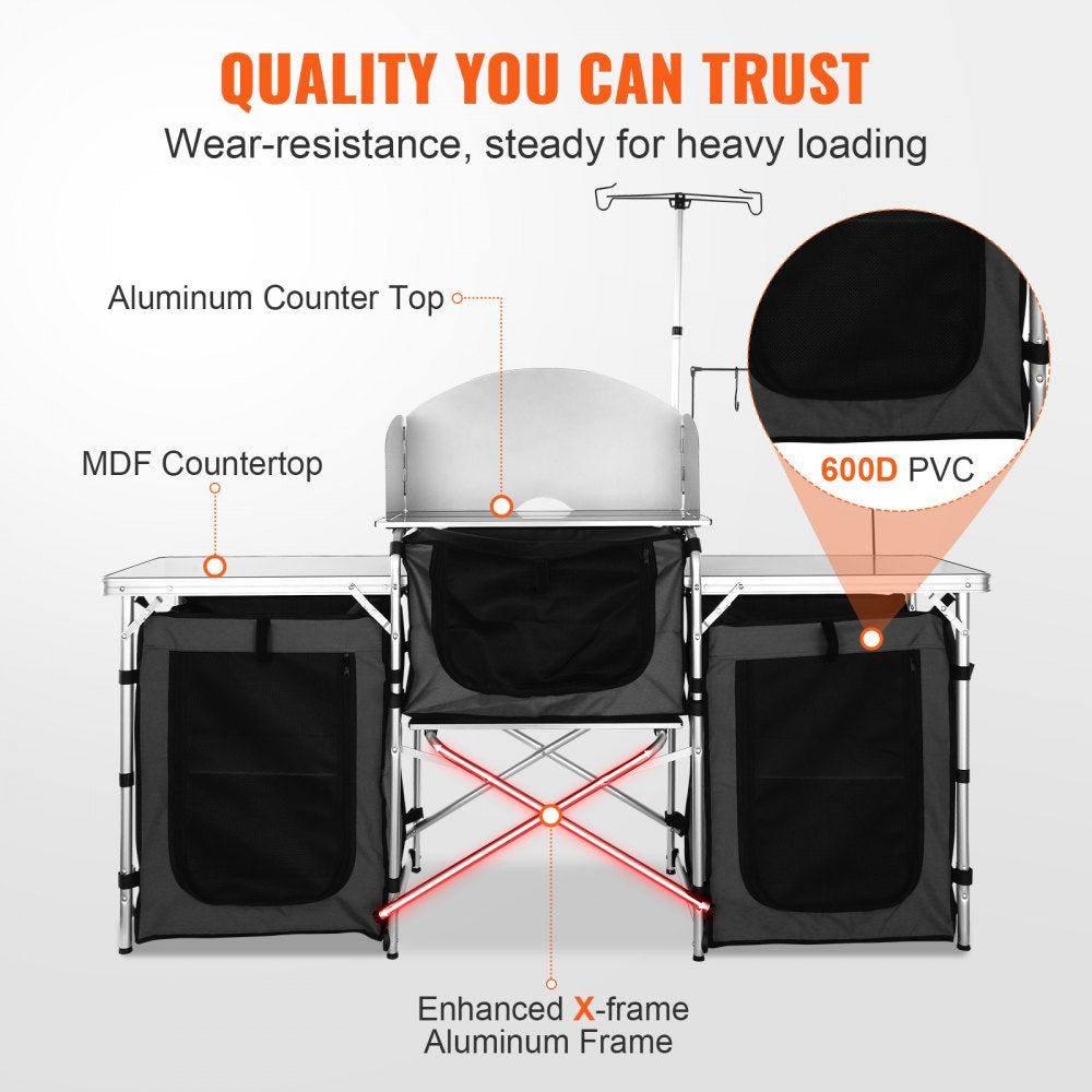 010838056882 - Compact Aluminum Camping Kitchen Table with Detachable Windscreen
