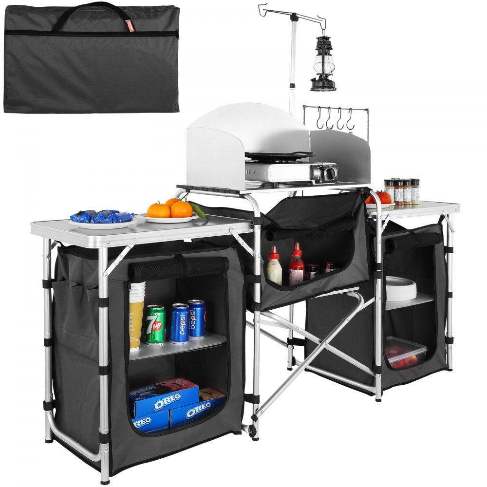 010838056882 - Compact Aluminum Camping Kitchen Table with Detachable Windscreen
