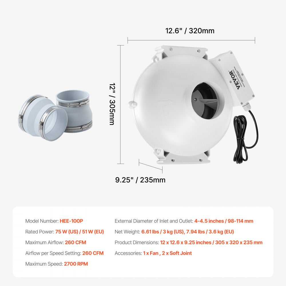 HEE-100P - Quiet 260 CFM Radon Mitigation Fan, 47 dB Noise Level