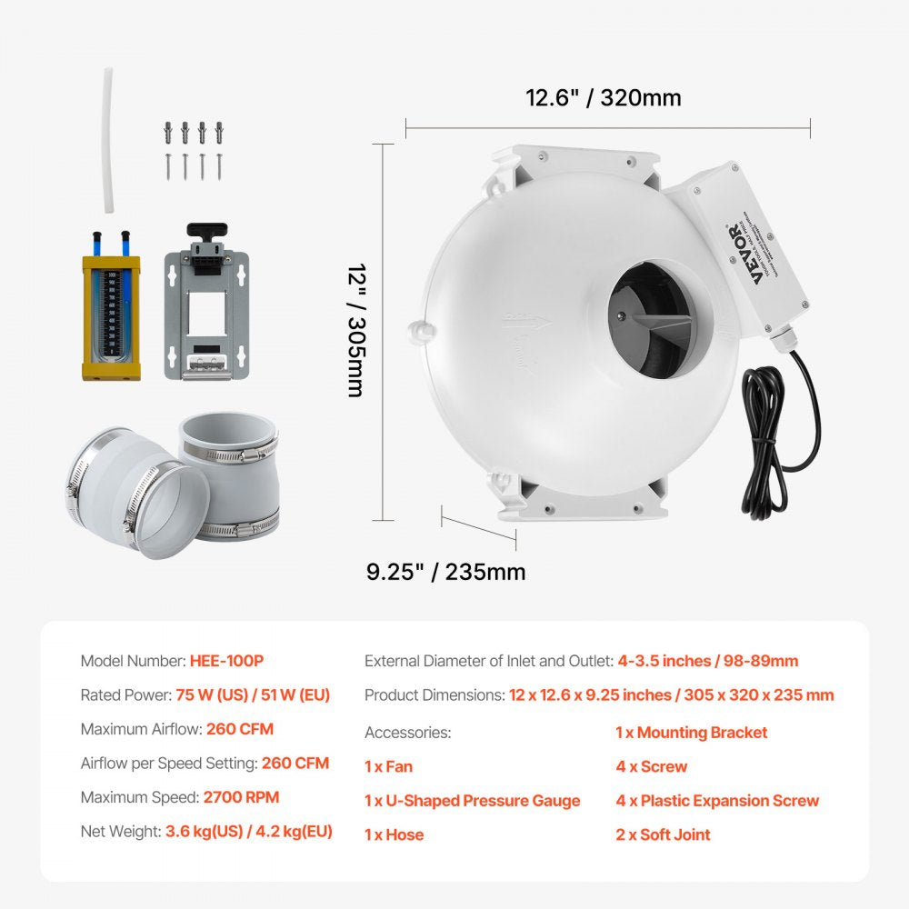 HEE-100P - Quiet Radon Fan System, 260 CFM with Soundproof Design