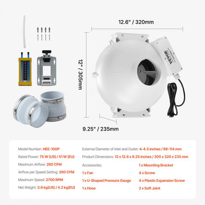HEE-100P - Ultra-Quiet 260 CFM Radon Fan for Home Ventilation