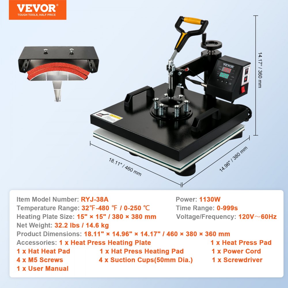TLM38388 - VEVOR 15x15in Heat Press for T-Shirts & Mugs