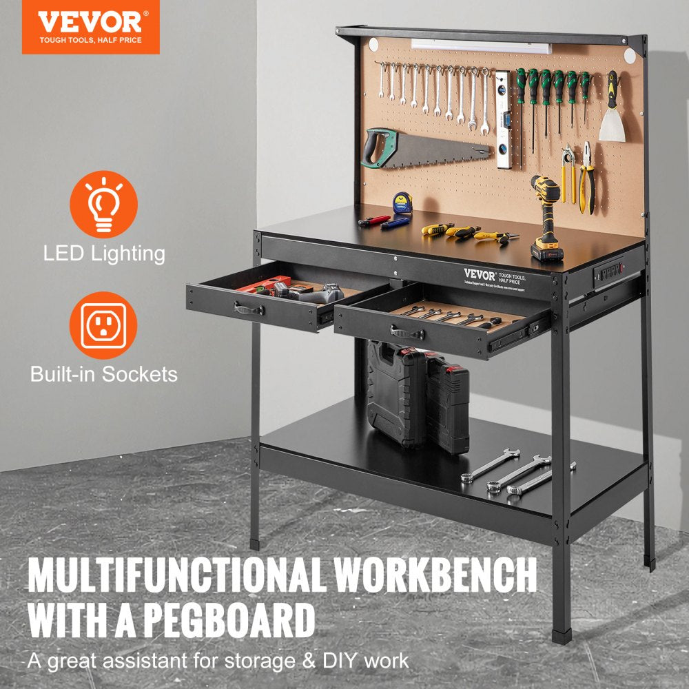 JL-WB05-3 - VEVOR 220lbs Pegboard Workbench with LED Lighting & Storage Drawers