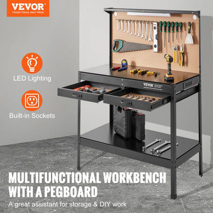 JL-WB05-3 - VEVOR 220lbs Pegboard Workbench with LED Lighting & Storage Drawers