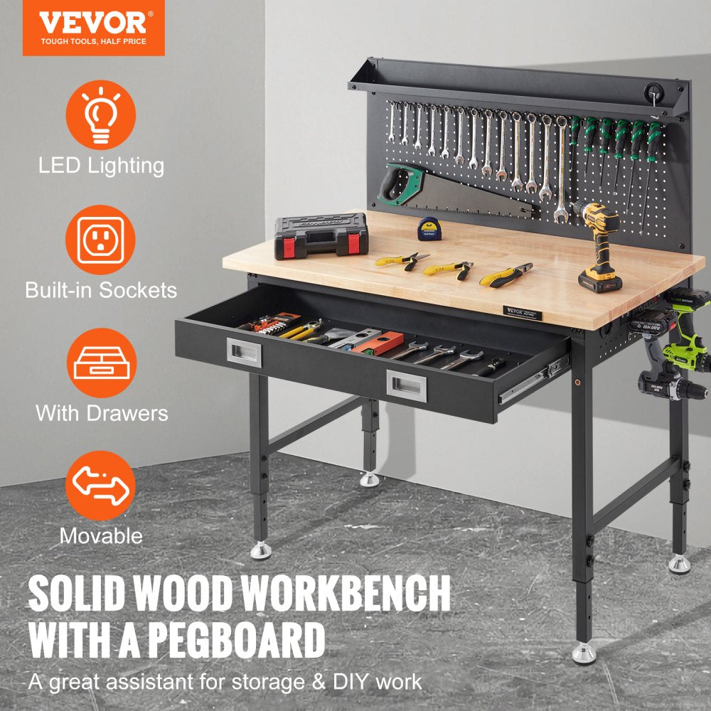 SHFGM4824GR - 28-39.5" Adjustable Solid Wood Workbench with LED Light & Power Panel